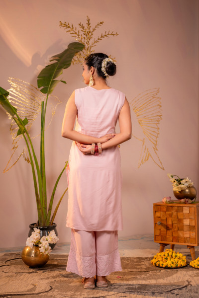 Peach Embroidered Viscose Kurta Pant Set