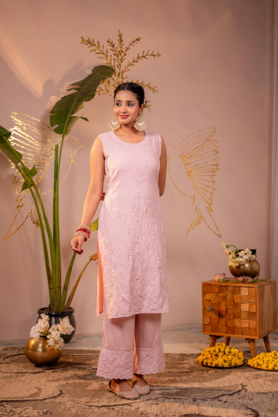 Peach Embroidered Viscose Kurta Pant Set