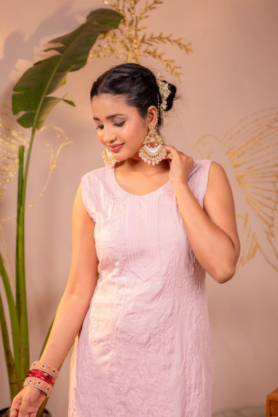 Peach Embroidered Viscose Kurta Pant Set
