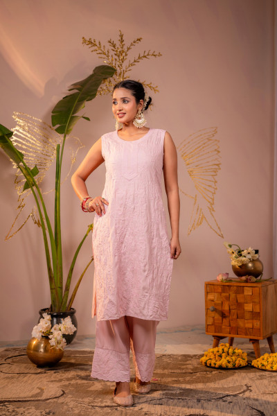 Peach Embroidered Viscose Kurta Pant Set