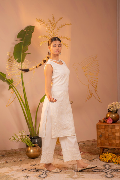 White Embroidered Viscose Kurta Pant Set