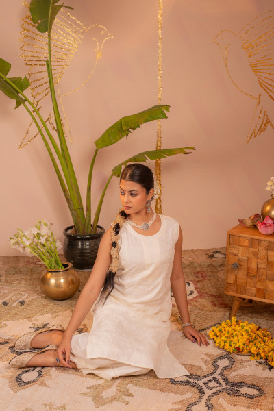 White Embroidered Viscose Kurta Pant Set