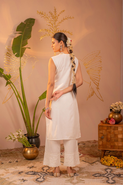 White Embroidered Viscose Kurta Pant Set