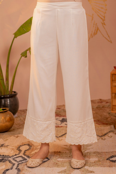 White Embroidered Viscose Kurta Pant Set