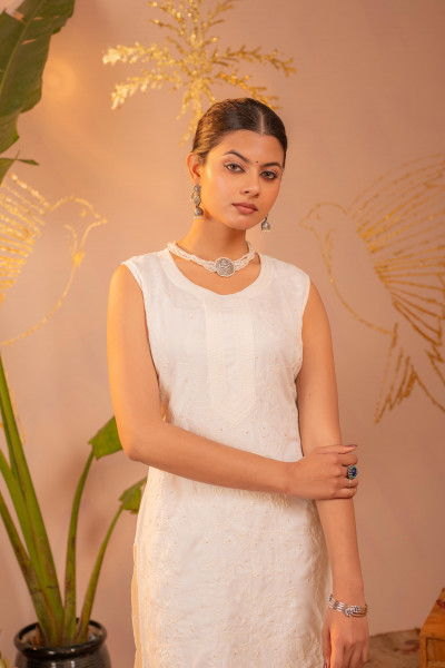 White Embroidered Viscose Kurta Pant Set