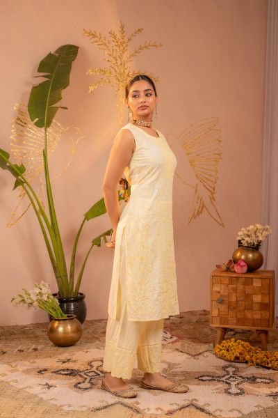 White Embroidered Viscose Kurta Pant Set