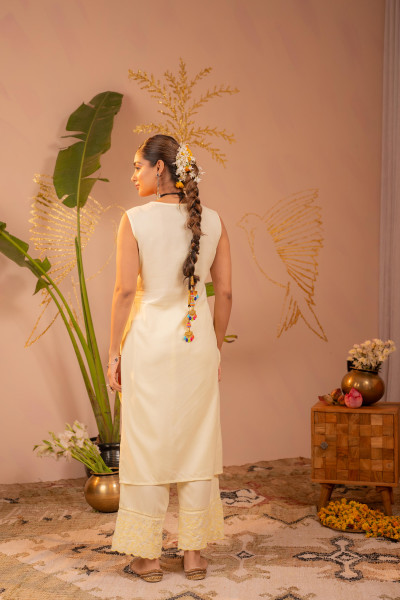 White Embroidered Viscose Kurta Pant Set