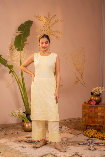 White Embroidered Viscose Kurta Pant Set