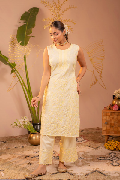 White Embroidered Viscose Kurta Pant Set