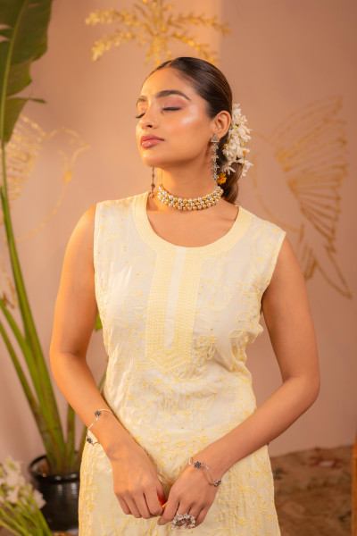 White Embroidered Viscose Kurta Pant Set