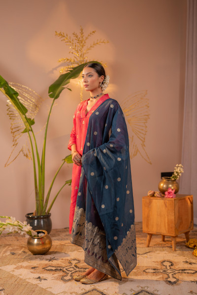 Rani Pink Kurta Set with Navy Blue Gold Buti Dupatta