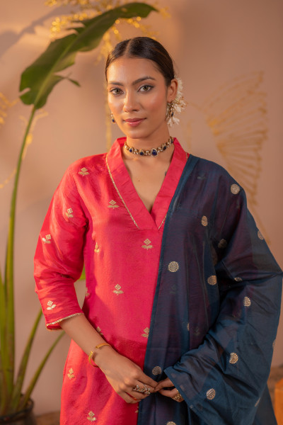 Rani Pink Kurta Set with Navy Blue Gold Buti Dupatta