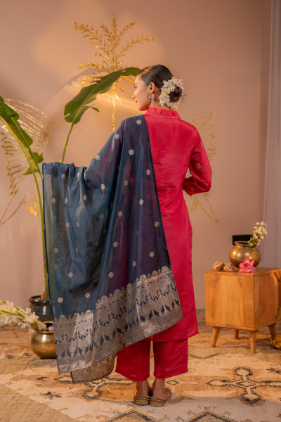 Rani Pink Kurta Set with Navy Blue Gold Buti Dupatta