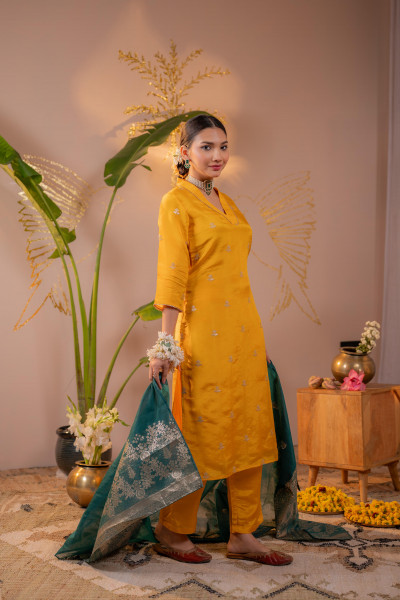 Mustard Kurta Set with  Forest Green Gold Buti Dupatta