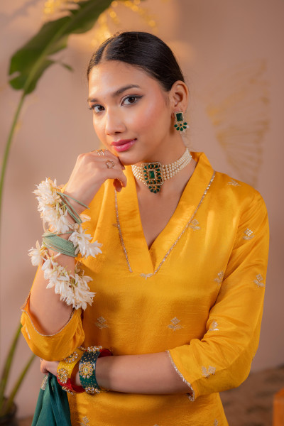 Mustard Kurta Set with  Forest Green Gold Buti Dupatta