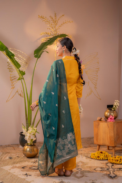 Mustard Kurta Set with  Forest Green Gold Buti Dupatta