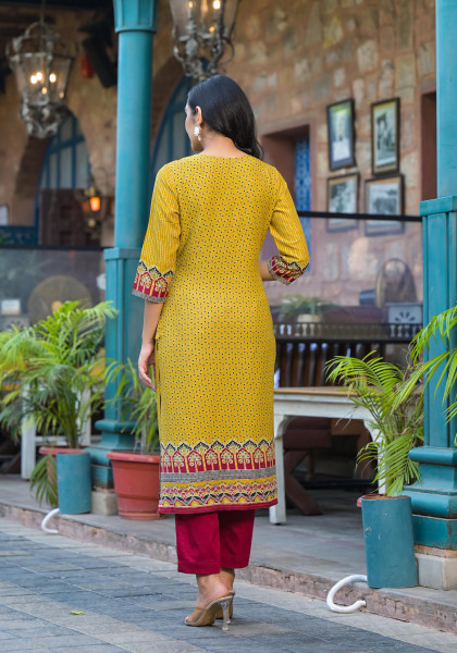 Mustard Ethnic Motif Printed Viscose Kurta With Beads & Thread Work