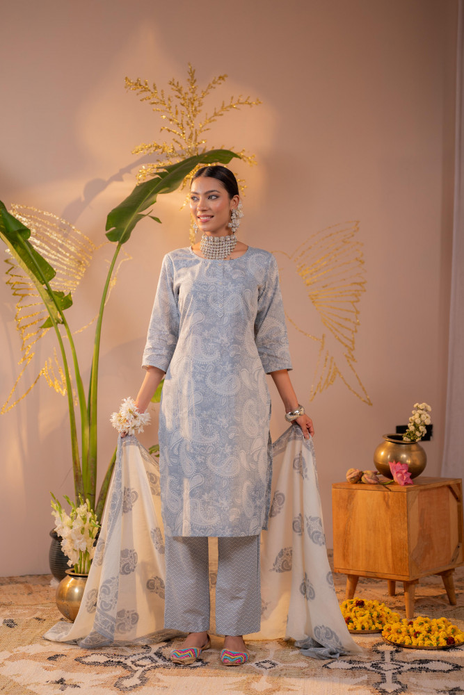 Powder Grey Paisley Grace Kurta Pant And Dupatta Set
