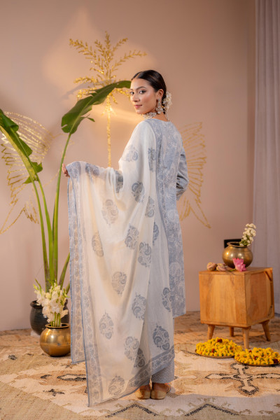 Powder Grey Paisley Grace Kurta Pant And Dupatta Set