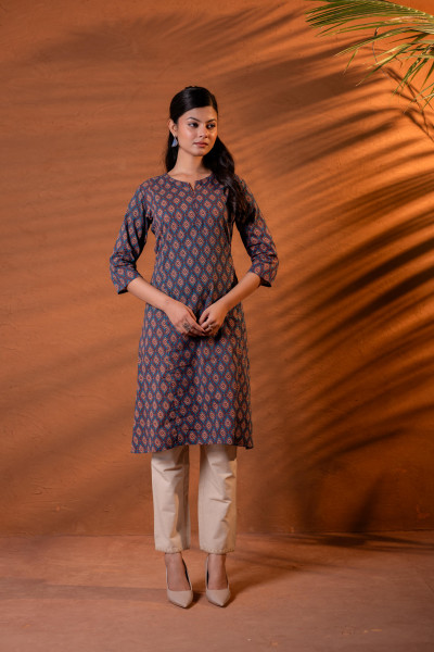 Indigo Rust Motif Straight Kurta