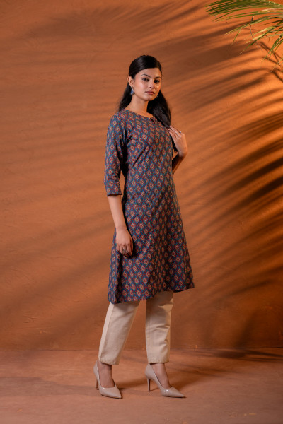 Indigo Rust Motif Straight Kurta