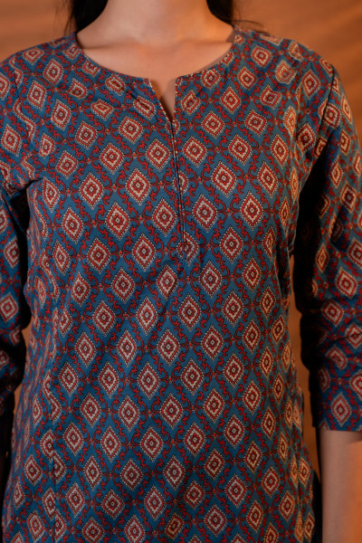 Indigo Rust Motif Straight Kurta