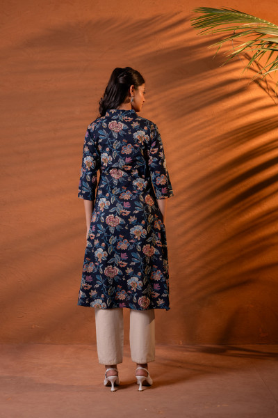 Navy Floral Printed Cotton A-Line Kurta