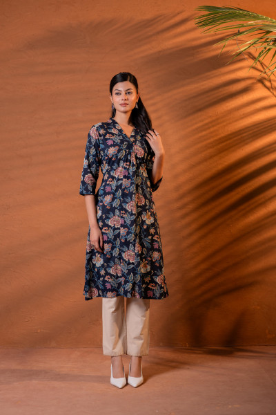 Navy Floral Printed Cotton A-Line Kurta