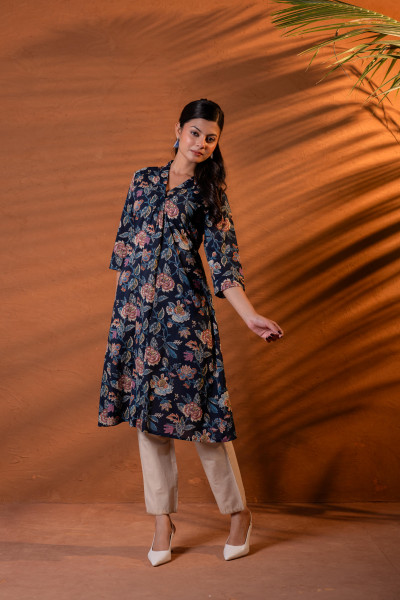 Navy Floral Printed Cotton A-Line Kurta