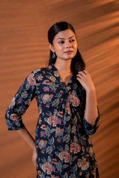 Navy Floral Printed Cotton A-Line Kurta