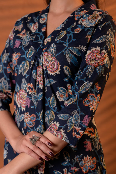 Navy Floral Printed Cotton A-Line Kurta