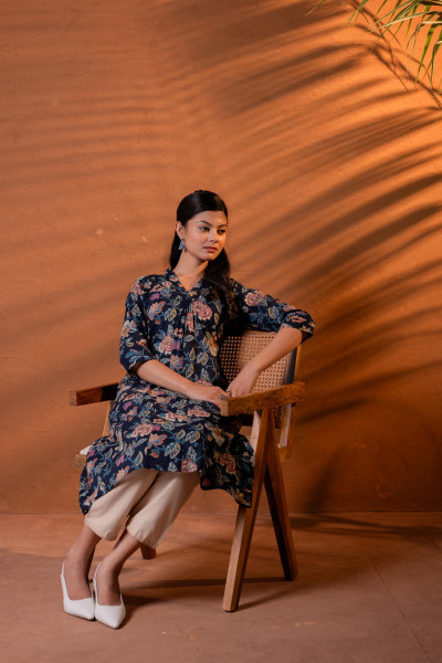 Navy Floral Printed Cotton A-Line Kurta