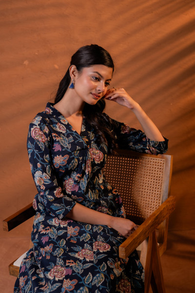 Navy Floral Printed Cotton A-Line Kurta