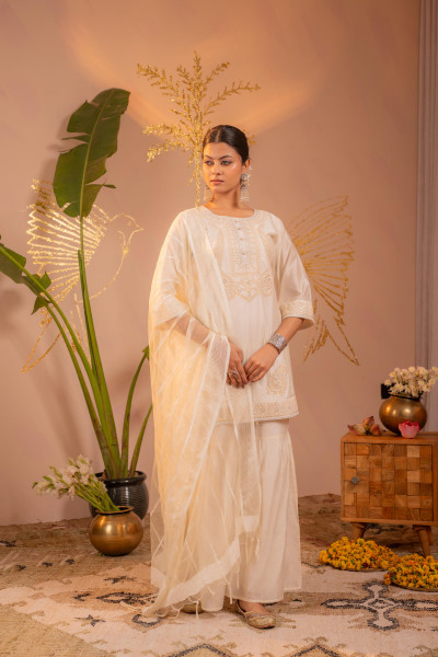 Off-White Embroidered Kurta Set with  Dupatta