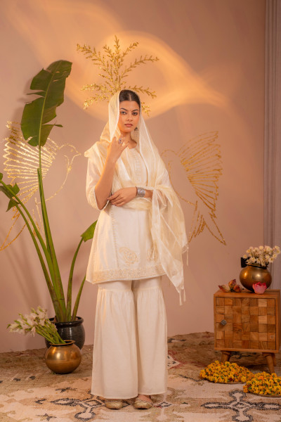 Off-White Embroidered Kurta Set with  Dupatta