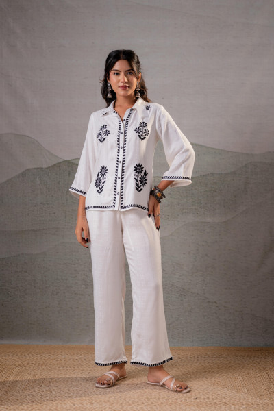 Noir Flora White & Black Embroidered Co-Ord Set