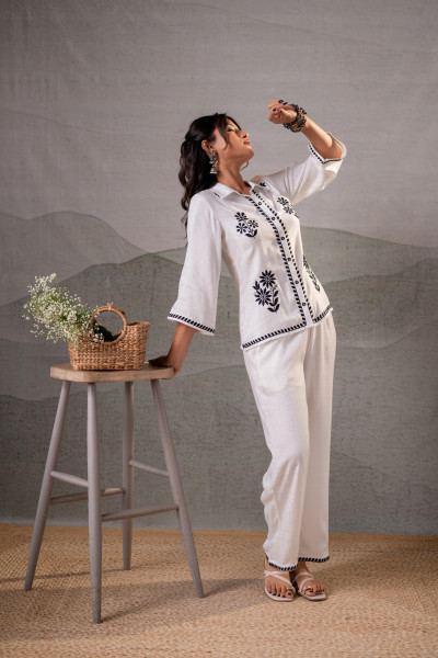 Noir Flora White & Black Embroidered Co-Ord Set