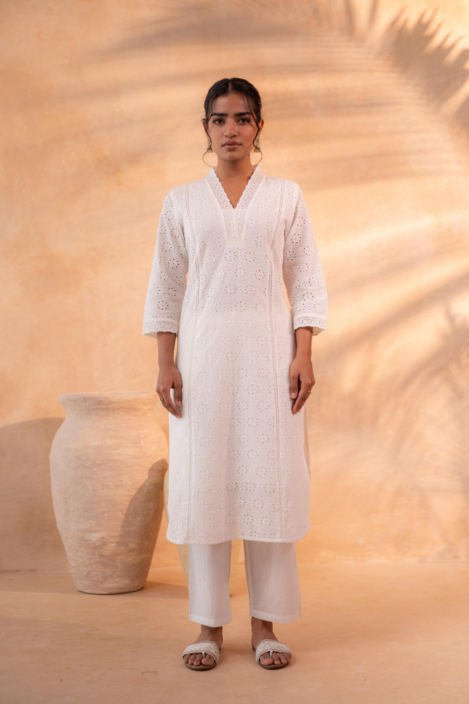 Off-White Schiffli Kurta And Pant Set