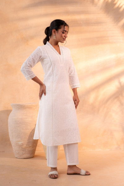 Off-White Schiffli Kurta And Pant Set