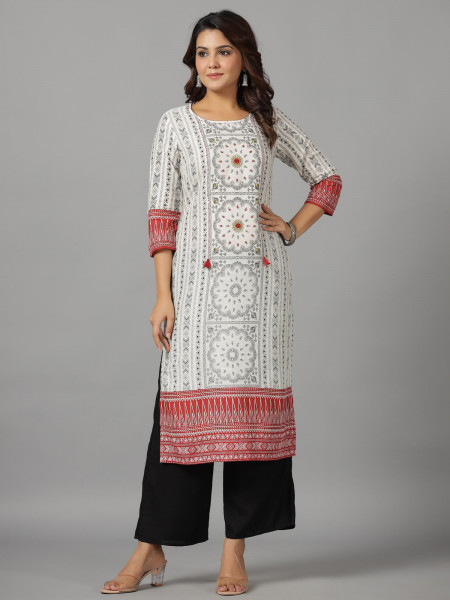 White Printed Viscose Kurta with Straight Fit