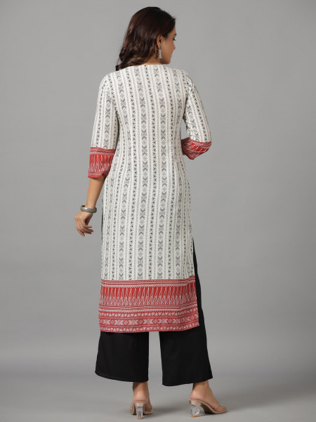 White Printed Viscose Kurta with Straight Fit