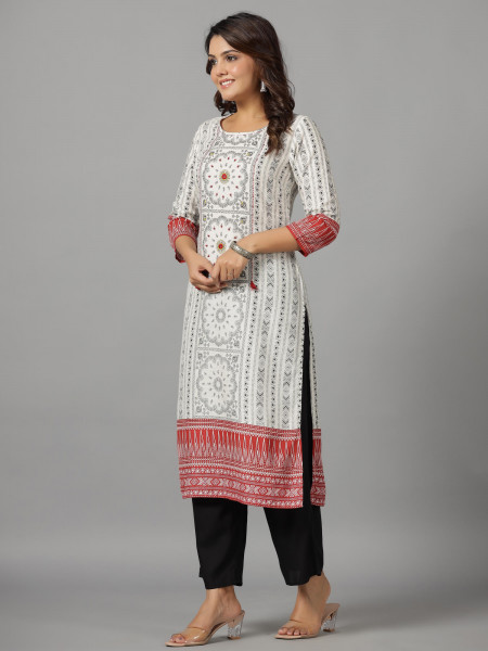 White Printed Viscose Kurta with Straight Fit