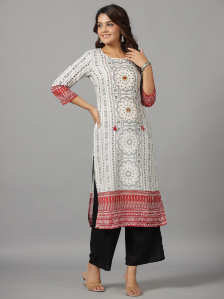 White Printed Viscose Kurta with Straight Fit
