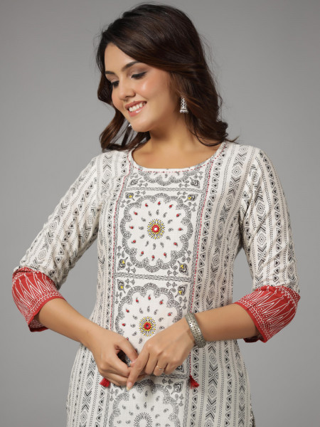 White Printed Viscose Kurta with Straight Fit