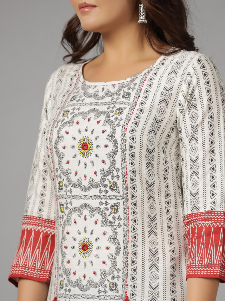 White Printed Viscose Kurta with Straight Fit
