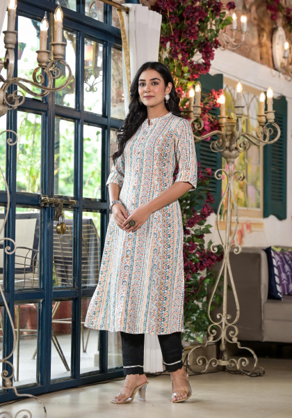 Multi Color Floral Printed Viscose Kurta With Buttons