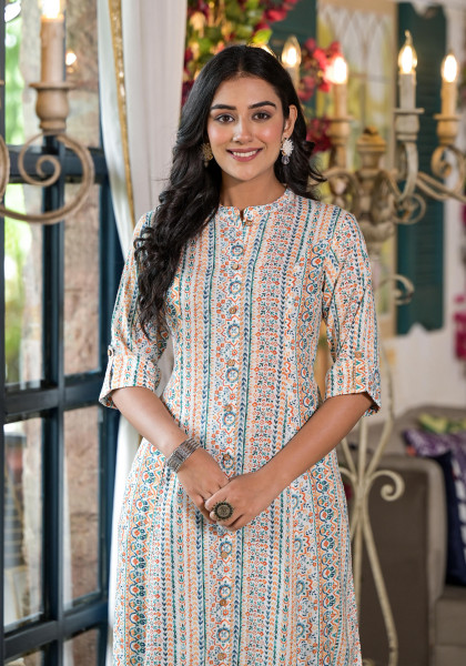Multi Color Floral Printed Viscose Kurta With Buttons