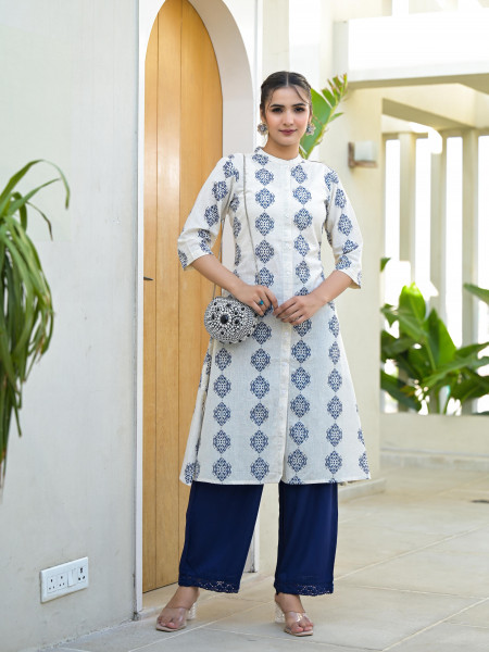 Natural Ikat Printed Cotton Kurta With Button Closure