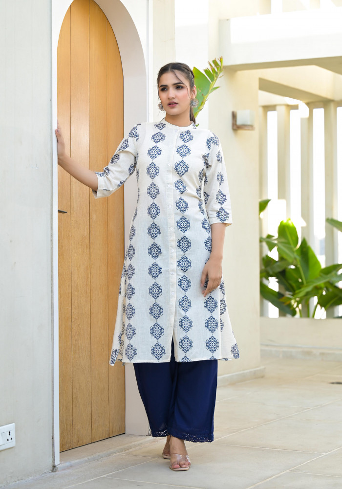 Natural Ikat Printed Cotton Kurta With Button Closure