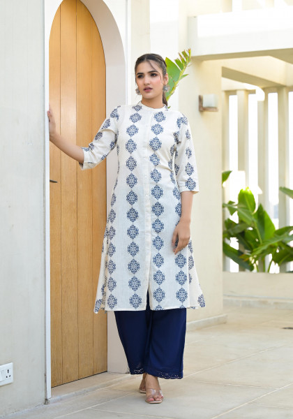 Natural Ikat Printed Cotton Kurta With Button Closure